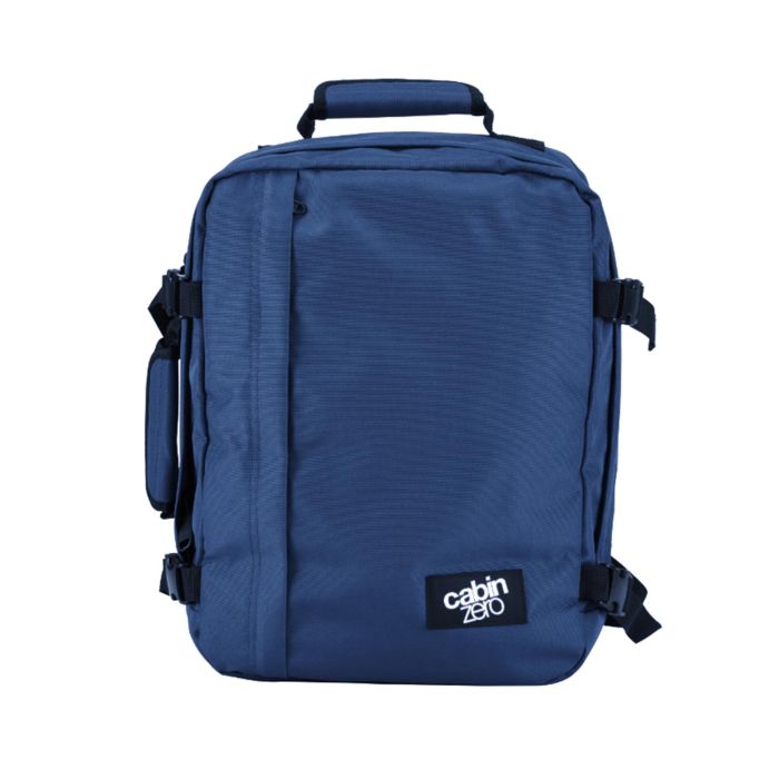 Zaino blu da viaggio 28L con zip e cinghie di compressione