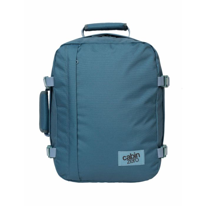 Zaino azzurro da viaggio 28L con zip e cinghie di compressione