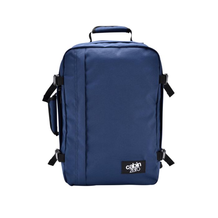 Zaino blu da viaggio 36L con zip e cinghie di compressione