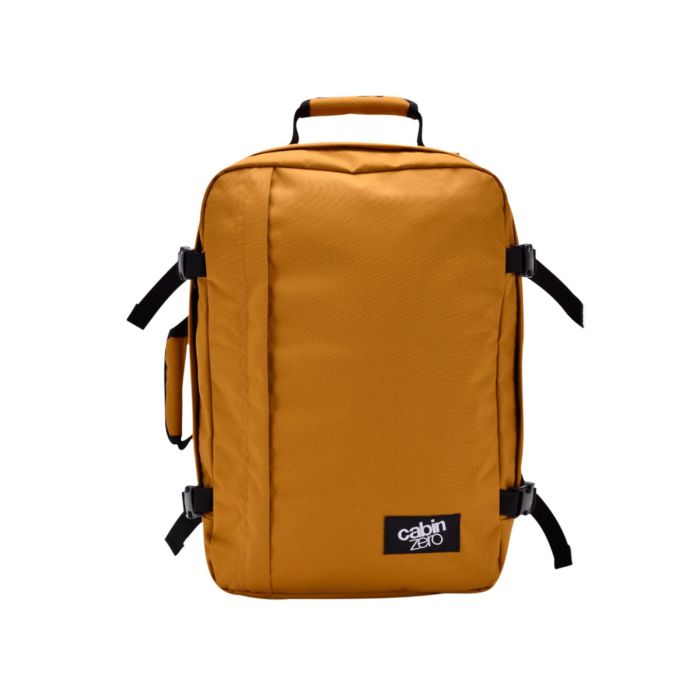 Zaino arancione da viaggio 36L con zip e cinghie di compressione