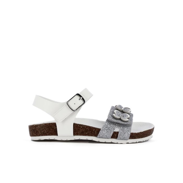 Sandali argento glitter con fiorellini, velcro e cinturino