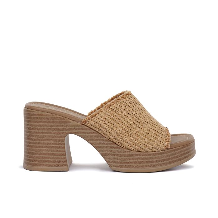 Sandali marroni effetto rafia intrecciata con plateau e tacco alto largo