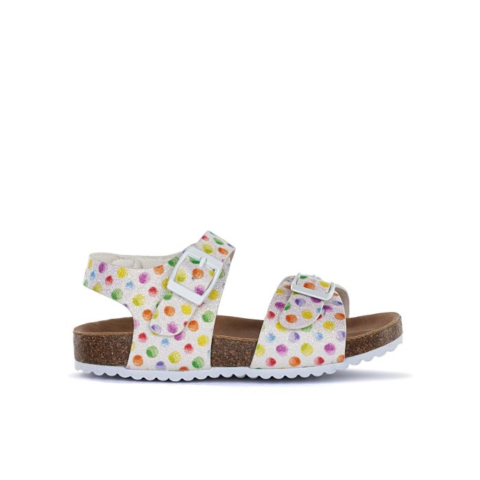 Sandali bianchi stampa multicolor da bimba con fondo effetto sughero