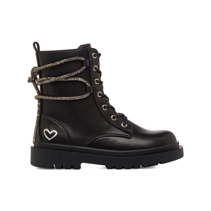 Anfibi neri da bambina con lacci in strass e cuore