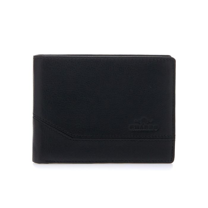 Portafoglio nero da uomo con logo stampato e cuciture