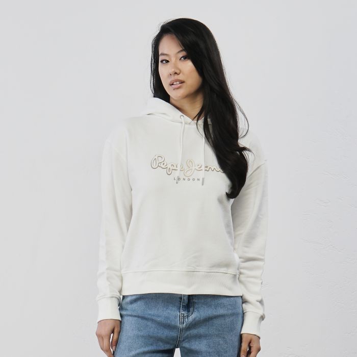Felpa bianca da donna in cotone con logo e cappuccio