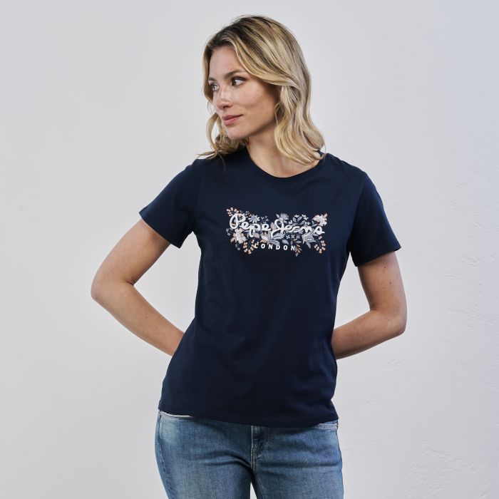 T-shirt blu da donna con stampa logo e maniche corte