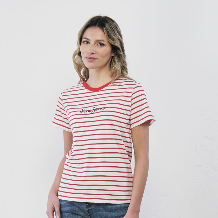 T-shirt bianca e rossa maniche corte da donna con logo fantasia a righe