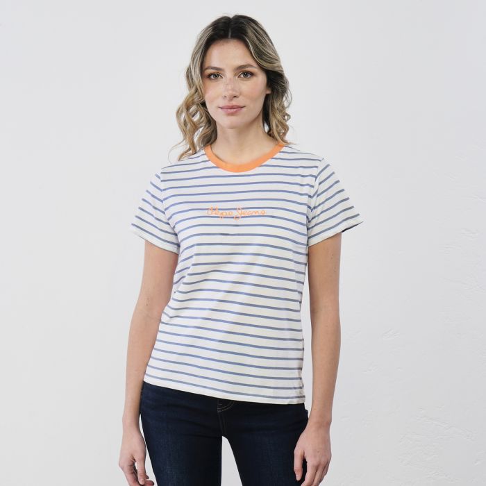 T-shirt bianca e blu maniche corte da donna con logo fantasia a righe