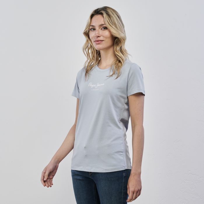 T-shirt azzurra da donna con maniche corte e stampa logo