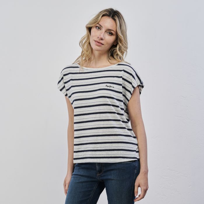 T-shirt bianca e blu a righe da donna con mini logo