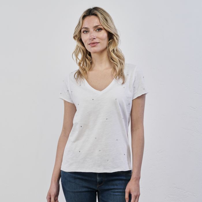 T-shirt bianca da donna con maniche corte e strass