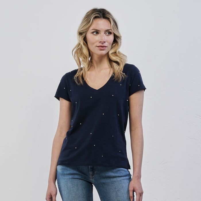 T-shirt blu da donna con maniche corte e strass