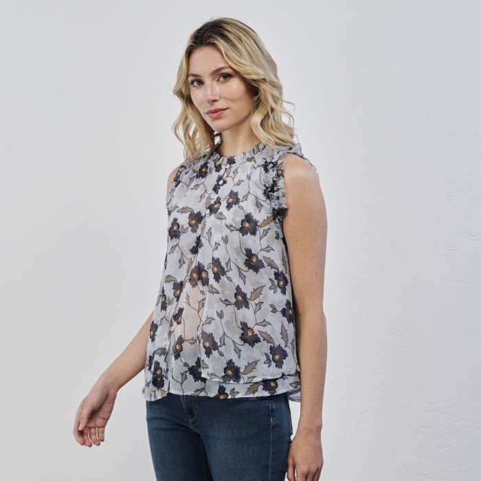 Top azzurro da donna in fantasia floreale