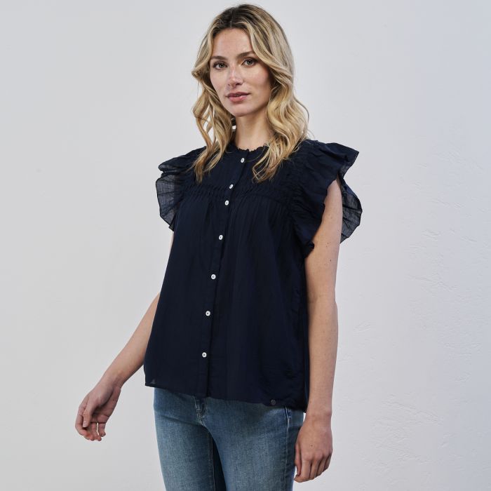 Top blu da donna con maniche corte volant e dettaglio bottoncini