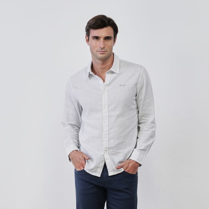 Camicia azzurra da uomo in misto lino con mini logo e micro stampa