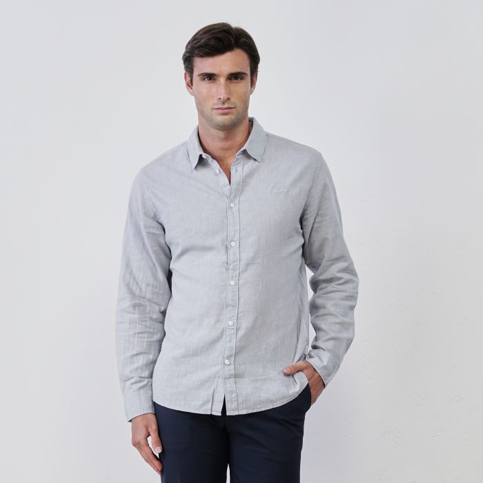 Camicia azzurra da uomo in misto lino con mini logo