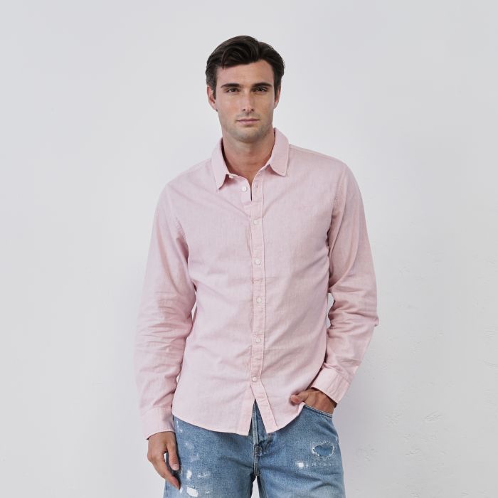 Camicia rosa da uomo in misto lino con mini logo