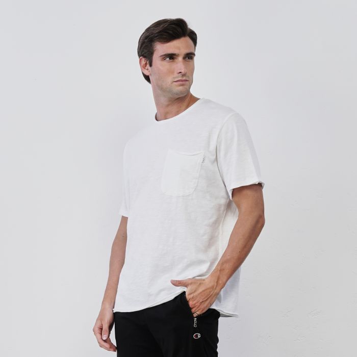 T-shirt bianca da uomo in cotone con maniche corte e taschino