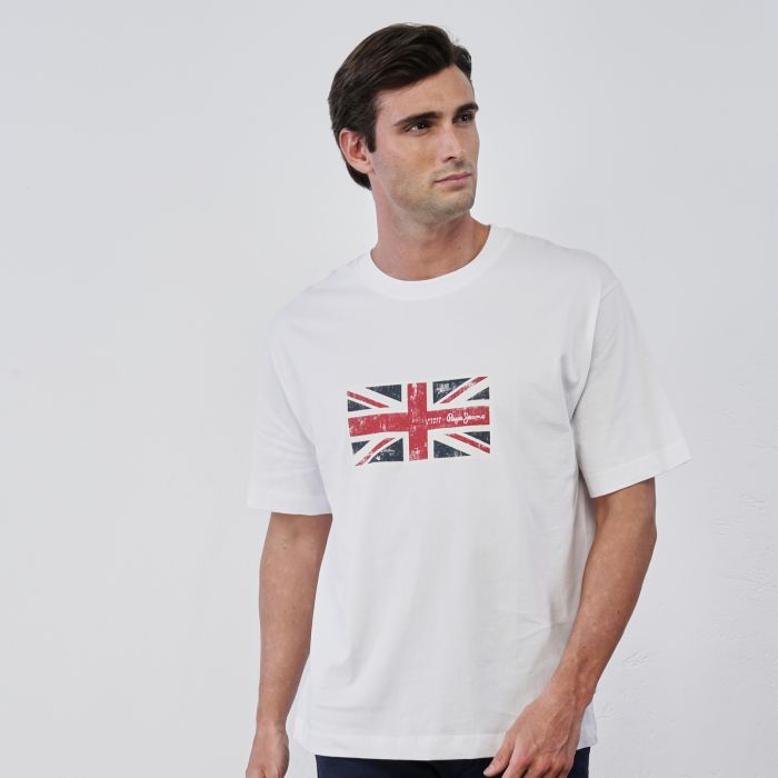 T-shirt bianca da uomo in cotone con maniche corte e stampa