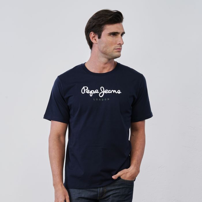 T-shirt blu da uomo in cotone con maniche corte e logo
