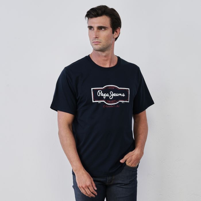 T-shirt blu da uomo in cotone con maniche corte e stampa logo