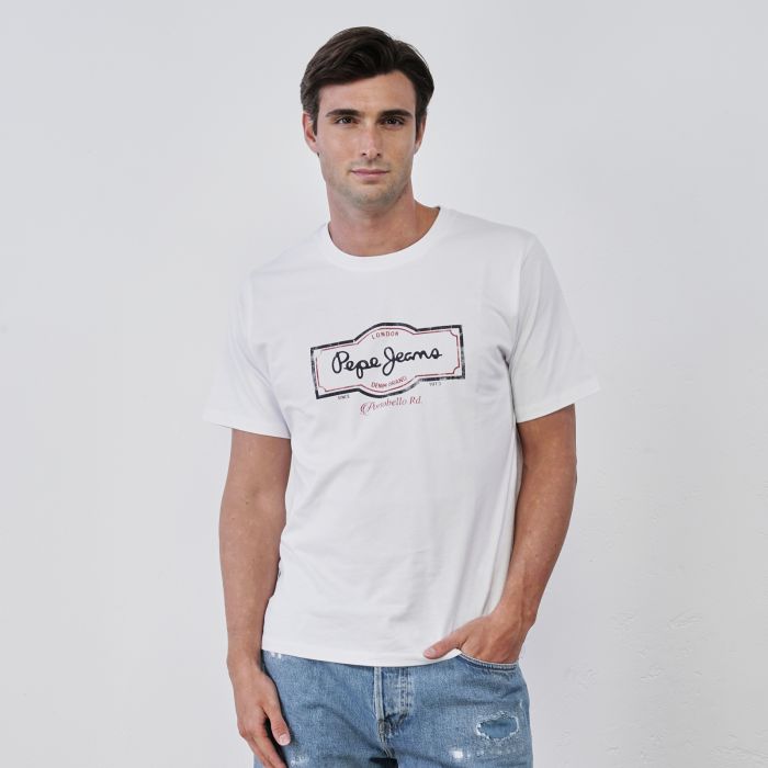 T-shirt bianca da uomo in cotone con maniche corte e stampa logo