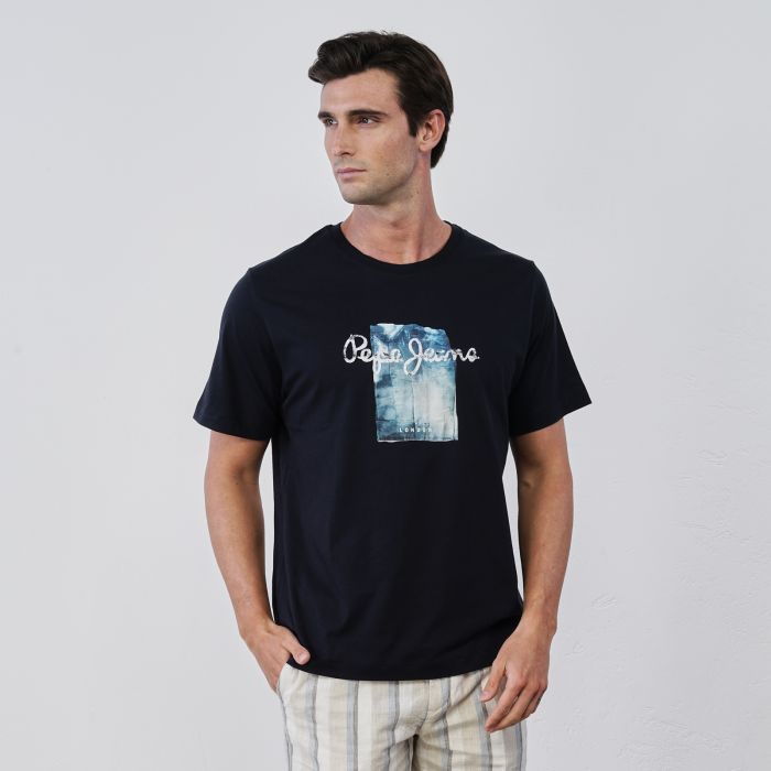 T-shirt blu da uomo in cotone con maniche corte e logo stampato