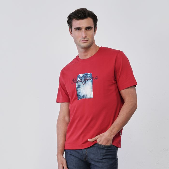 T-shirt rossa da uomo in cotone con maniche corte e logo stampato