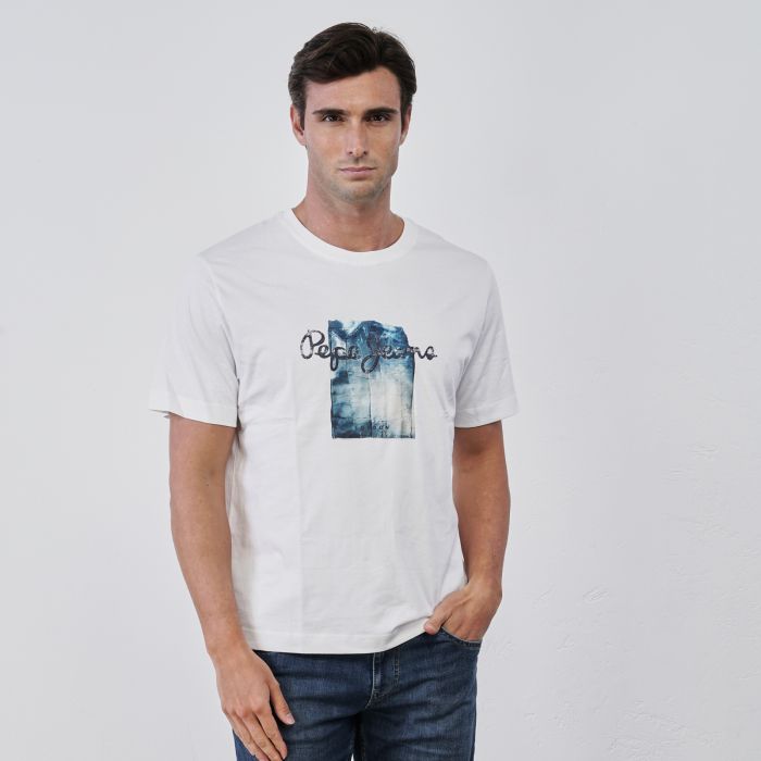 T-shirt bianca da uomo in cotone con maniche corte e logo stampato