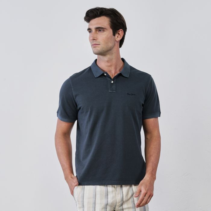 Polo blu da uomo in cotone con maniche corte e mini logo