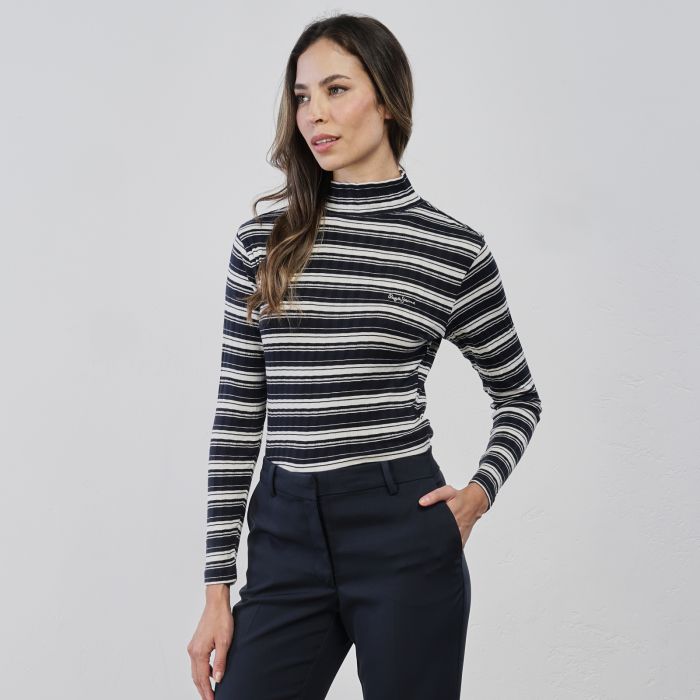 Maglia dolcevita blu da donna a righe in cotone