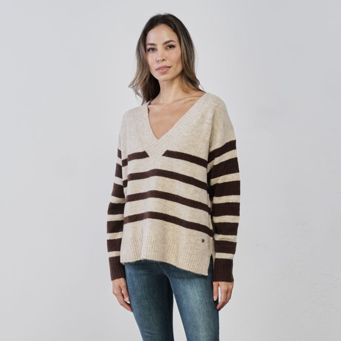 Maglione beige e marrone a righe con scollo a V
