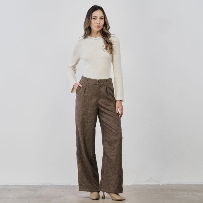 Pantaloni marroni lunghi da donna in fantasia spigata