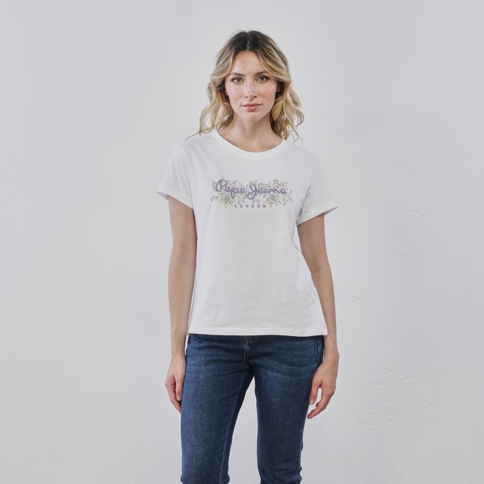 T-shirt bianca da donna con maniche corte e stampa logo
