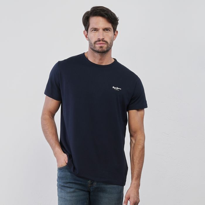 T-shirt blu da uomo con maniche corte e mini logo