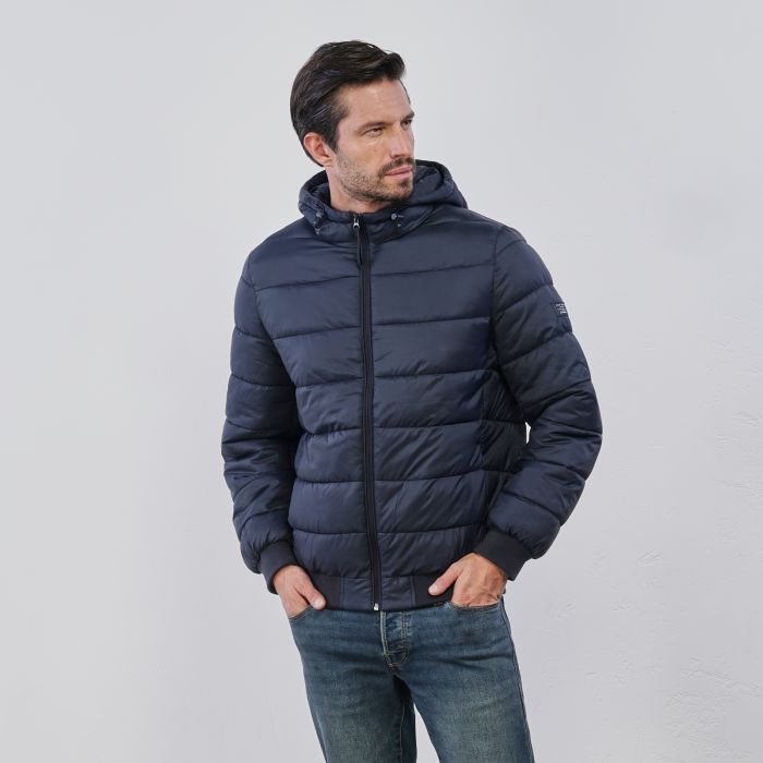 Piumino blu trapuntato da uomo con zip e cappuccio