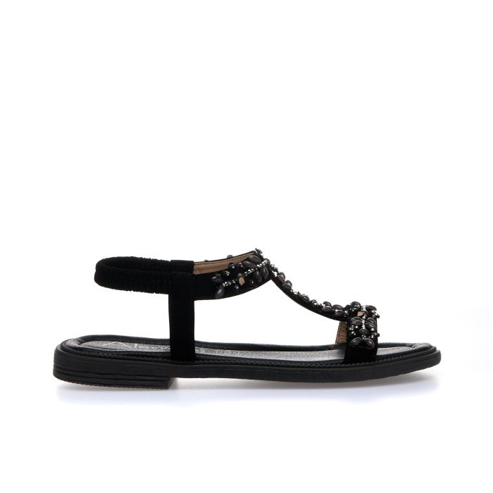 Sandali bassi neri con applicazioni e cinturino elasticizzato