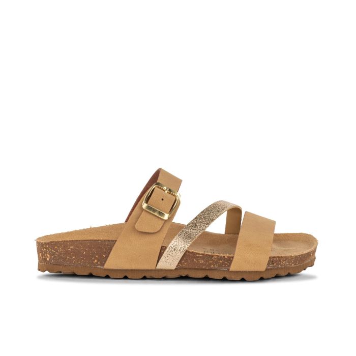 Sandali beige da donna con fondo effetto sughero e fibbia