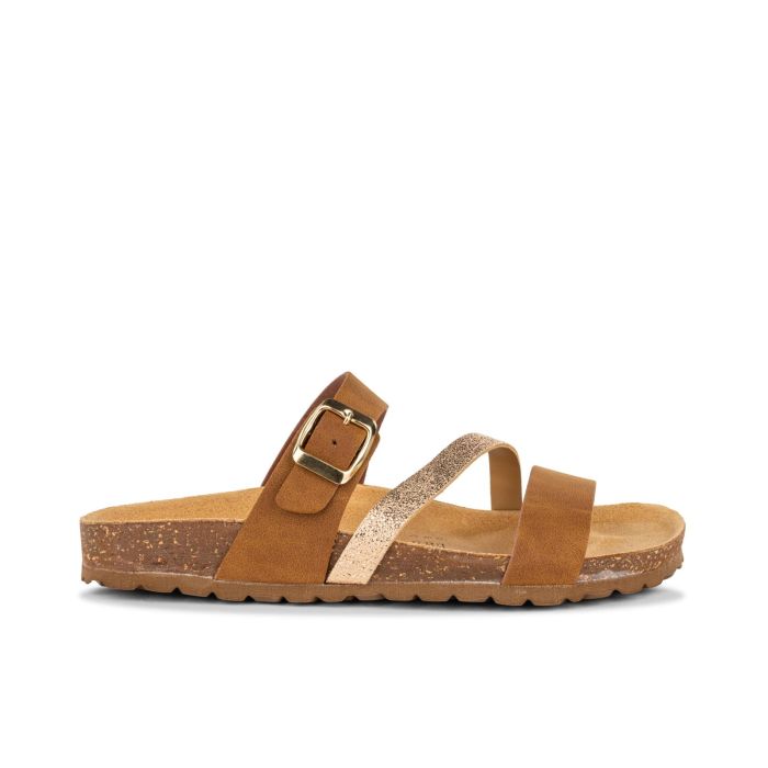 Sandali marroni da donna con fondo effetto sughero e fibbia