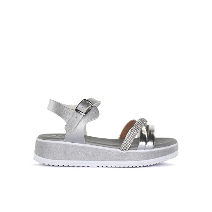 Sandali argento da bambina con dettaglio glitter e fibbia