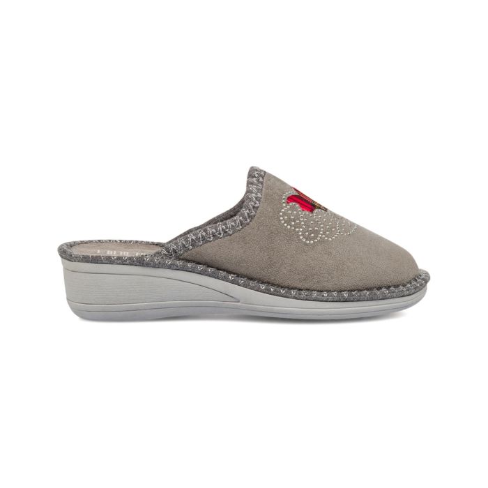 Ciabatte casa beige da donna con zeppina e cuori con strass