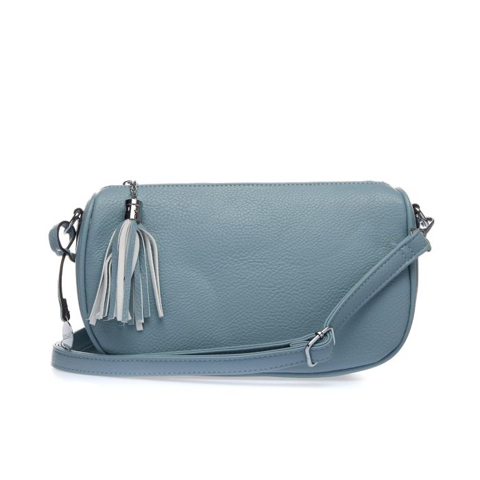 Borsetta azzurra con tracolla regolabile e nappina