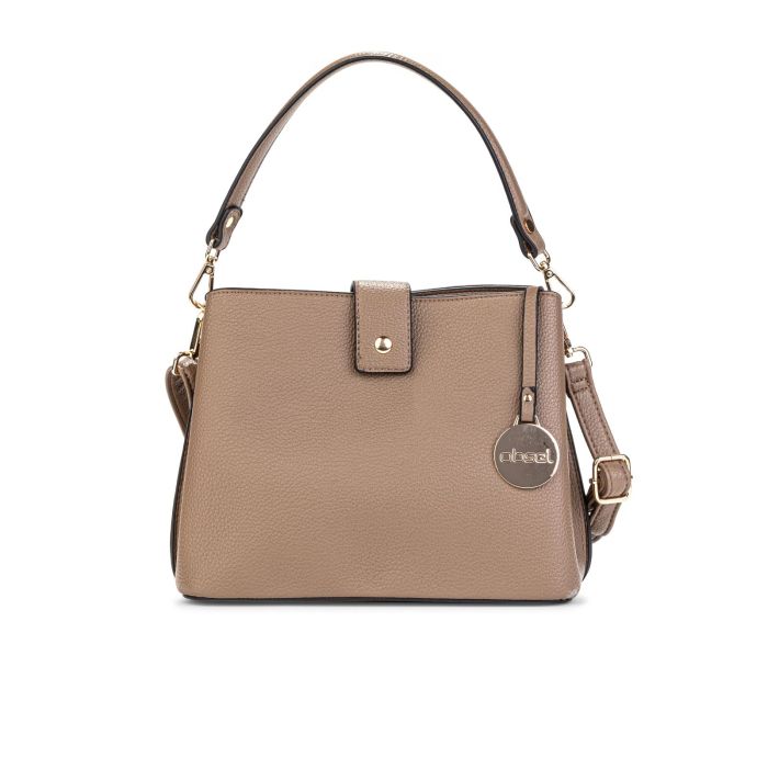 Borsa beige con chiusura bottone automatico e tracolla removibile