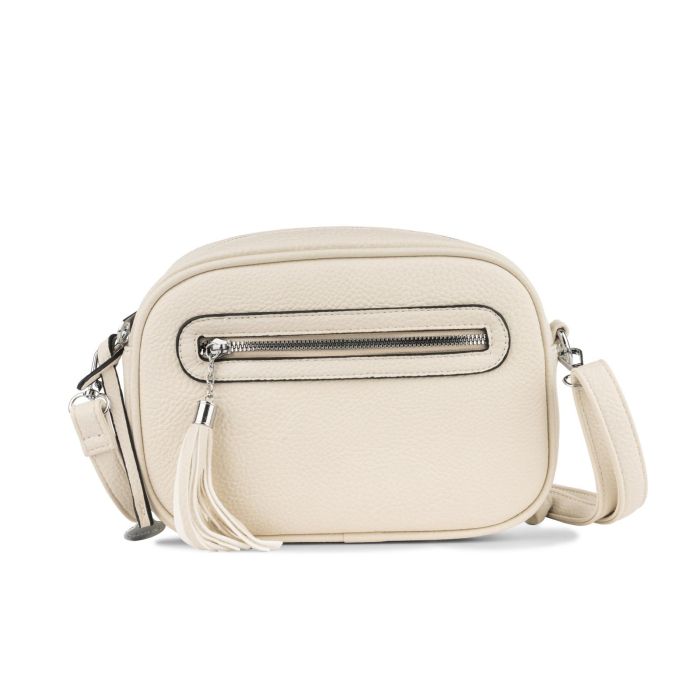 Borsa bianca da donna con tracolla e tasca frontale con ciondolo a frangia