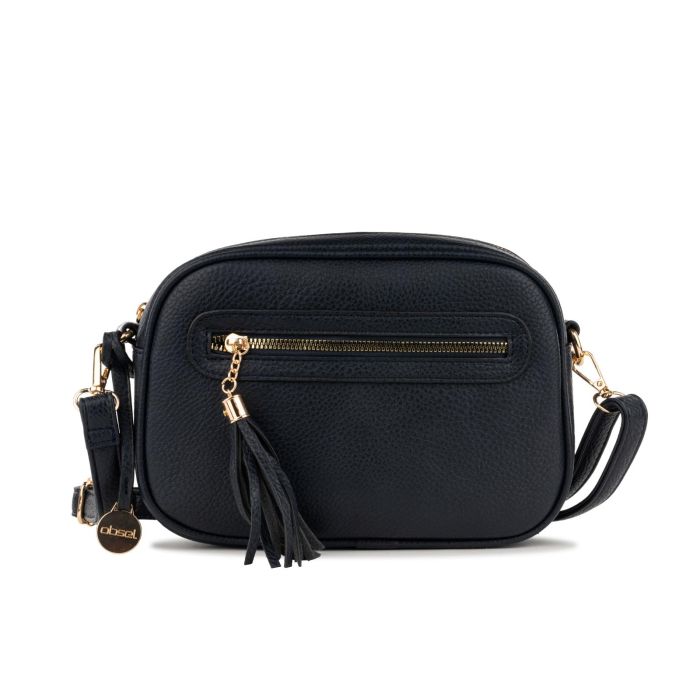 Borsa blu scuro da donna con tracolla e tasca frontale con ciondolo a frangia