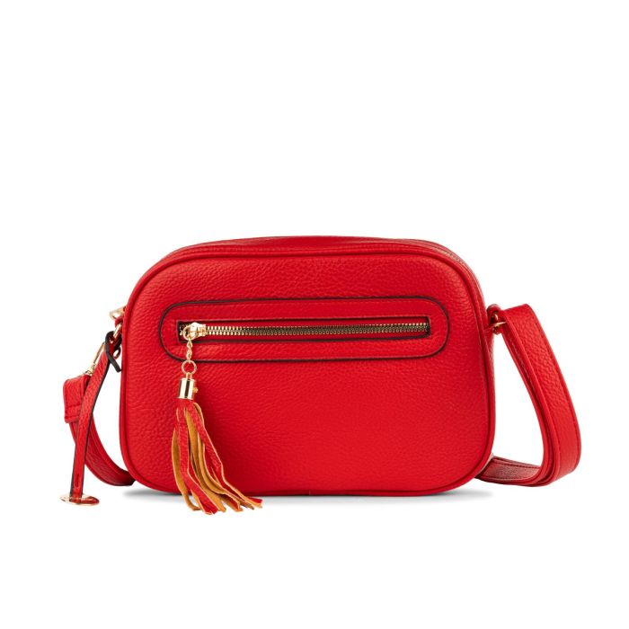 Borsa rosso da donna con tracolla e tasca frontale con ciondolo a frangia