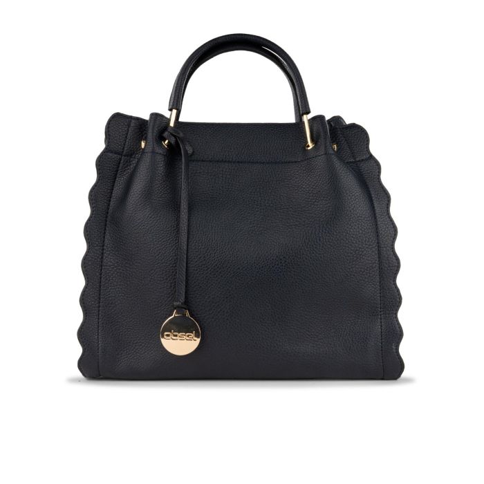 Borsa blu scuro da donna con ciondolo e bordi sagomati