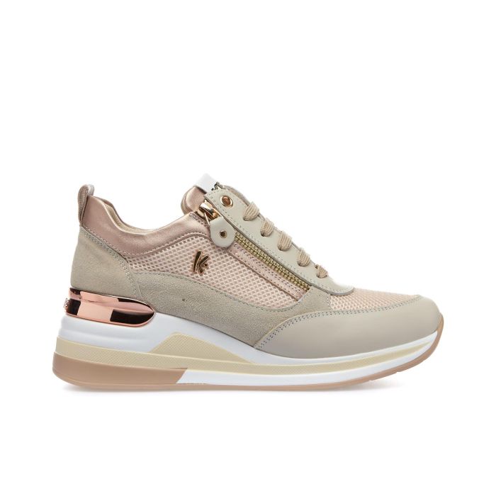 Sneakers beige e rosa con zeppa ed inserti in tessuto