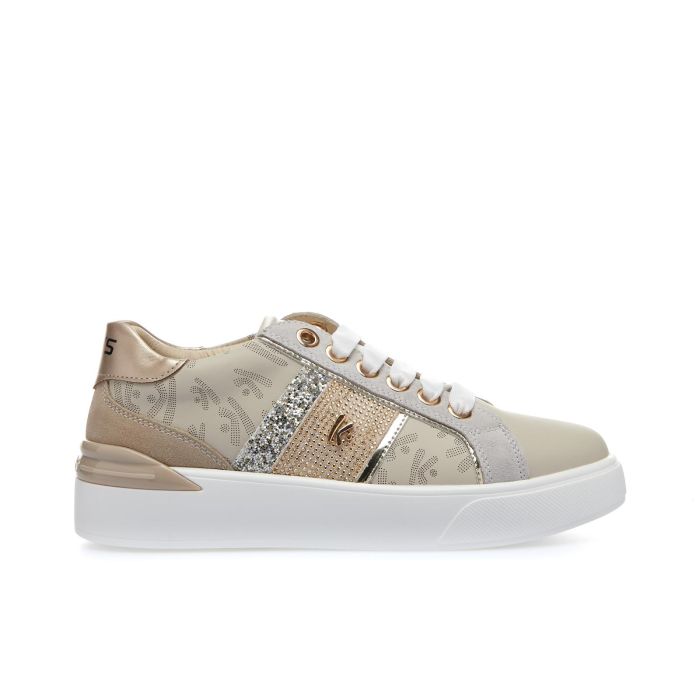 Sneakers beige con loghi e glitter